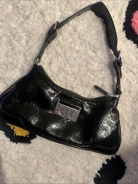 Paris Hilton Black Patent Shoulder Bag with PARIS Metal Plaque